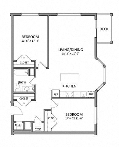 Floor plan for 2 beds, 1 bath, 1087 sqft